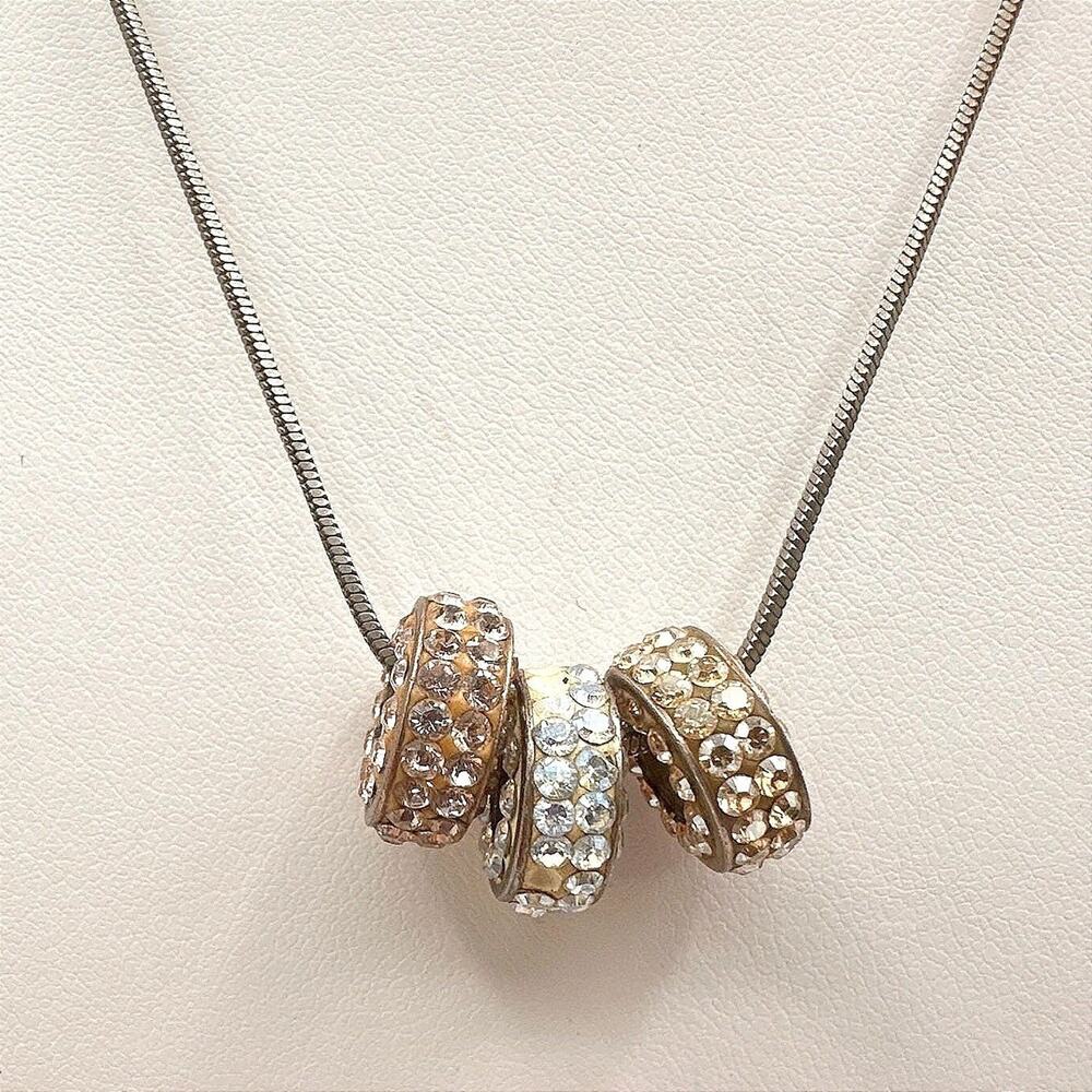 Vintage Y2K Rhinestone Slide Roller Charm Necklace Silver Tone Snake Chain Retro
